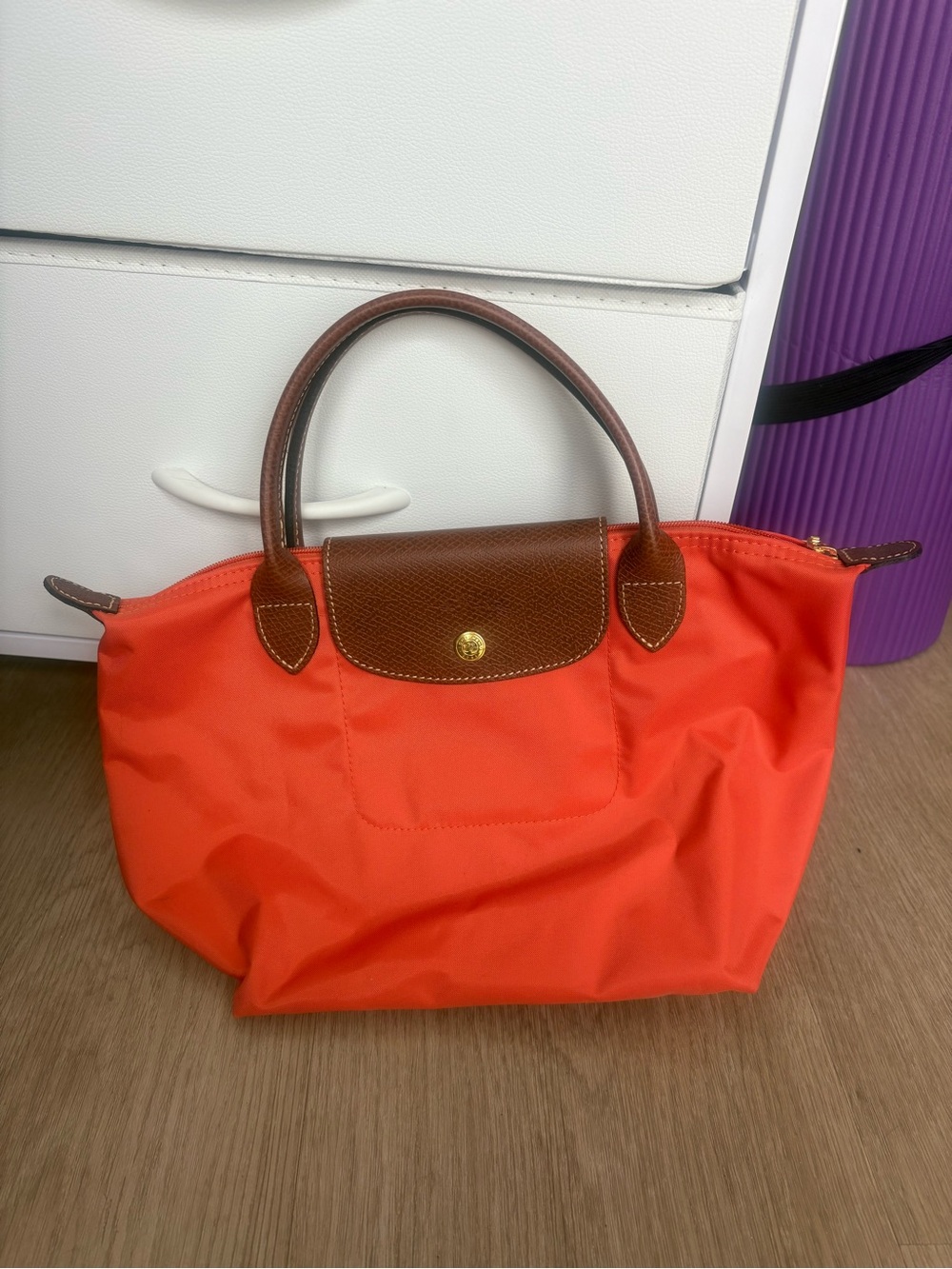 Longchamp Orange Nylon Tote with Brown Trim